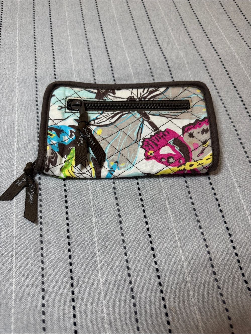 Thirty-one Quilted Butterfly Print Zip Wristlet Wallet - Brown Trim